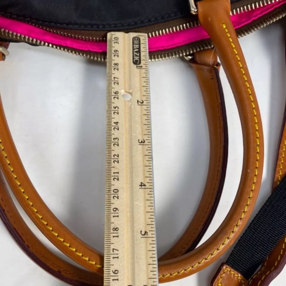 Dooney & Bourke Nylon Large Pocket Satchel Bag Black Shoulder Tan Leather Trim - Picture 4 of 12